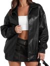 Faux Leather Motorcycle Jacket - Oversized Women's